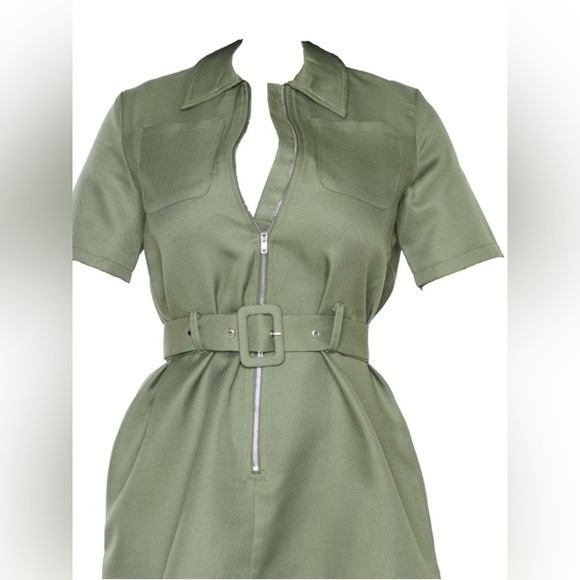 Pretty Little Thing PETITE Khaki Zip Detail Belted Dress - Picture 5 of 5